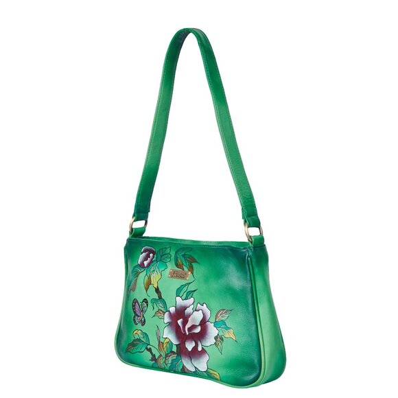Hand-Painted Green Genuine Leather Shoulder Tote Bag for Women - Picture 3 of 7